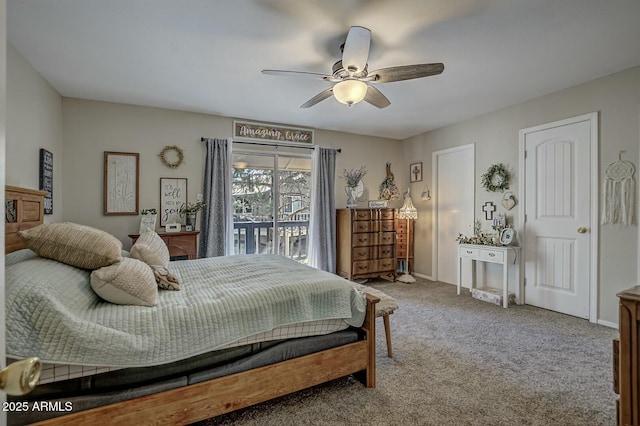 bedroom featuring carpet flooring, a ceiling fan, and access to outside