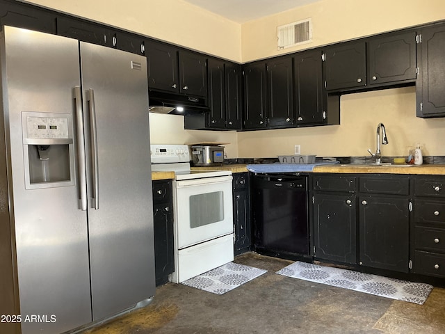 831 S Calle Virada, Sierra Vista, AZ 85635 - kitchen featuring stainless steel fridge with ice dispenser, white range with electric cooktop, black dishwasher, under cabinet range hood, and dark cabinetry