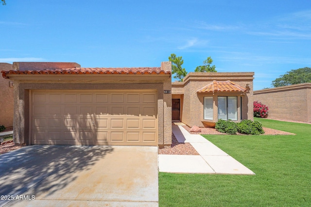 view of front facade featuring a front lawn, stucco siding, concrete driveway, an attached garage, and a tile roof