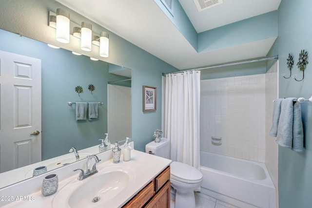 full bath with visible vents, vanity, toilet, shower / bathtub combination with curtain, and tile patterned floors