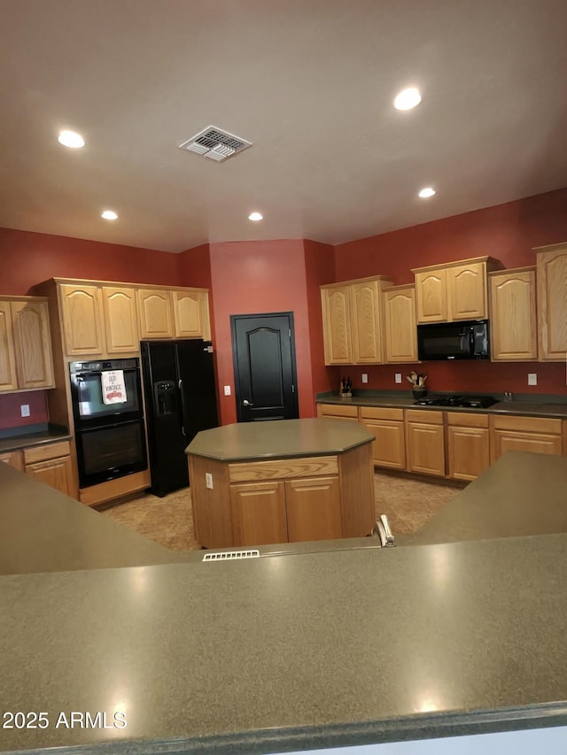 3225 E Cardinal Ct, Chandler, AZ 85286 - kitchen with black appliances, light brown cabinets, a kitchen island, and recessed lighting