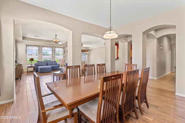 3225 E Cardinal Ct, Chandler, AZ 85286 - dining space with ceiling fan, light wood-type flooring, and arched walkways