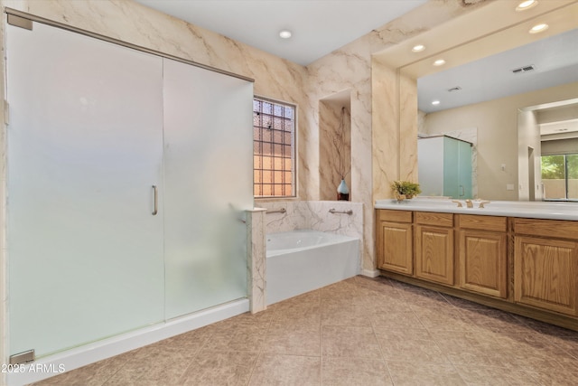 3225 E Cardinal Ct, Chandler, AZ 85286 - bathroom featuring vanity, a shower stall, a bath, recessed lighting, and tile patterned floors