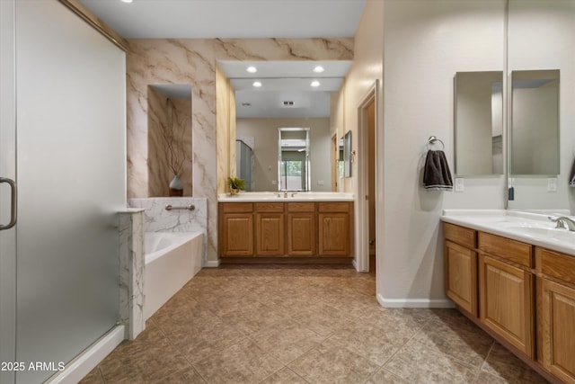 3225 E Cardinal Ct, Chandler, AZ 85286 - full bath with two vanities, a bath, a shower stall, tile patterned floors, and recessed lighting