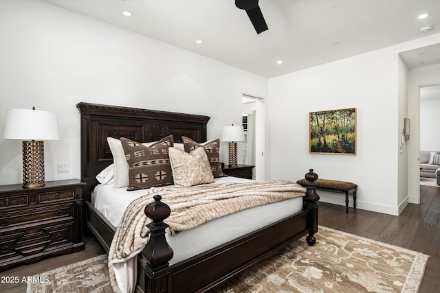 bedroom with baseboards, recessed lighting, a ceiling fan, and wood finished floors