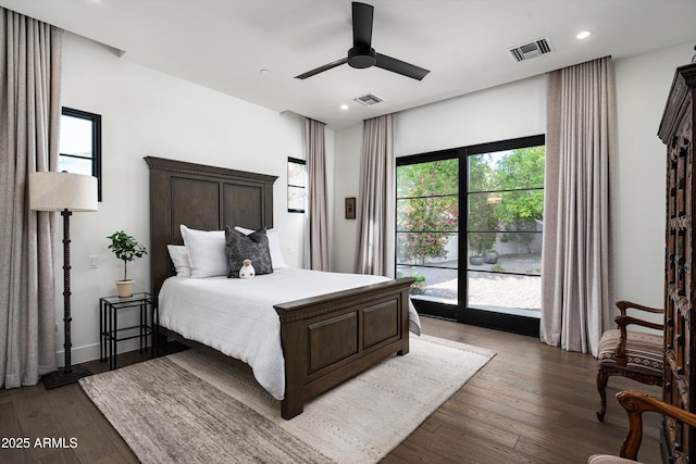 bedroom with ceiling fan, visible vents, access to outside, recessed lighting, and hardwood / wood-style floors