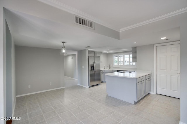 4079 E Shangri La Rd, Phoenix, AZ 85028 - kitchen featuring stainless steel fridge with ice dispenser, a peninsula, gray cabinetry, light countertops, and recessed lighting