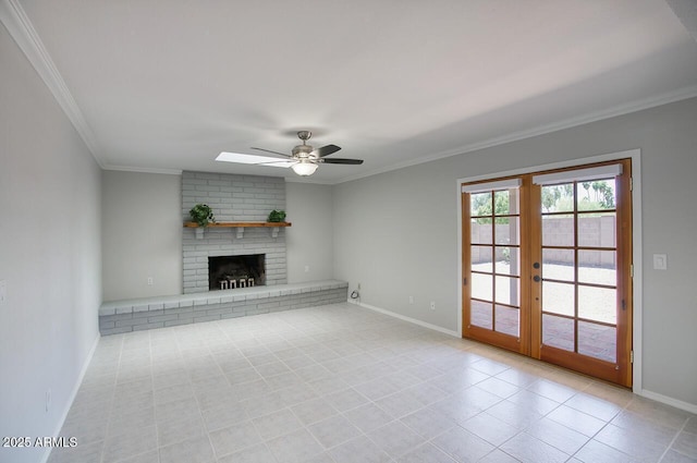4079 E Shangri La Rd, Phoenix, AZ 85028 - unfurnished living room featuring french doors, ceiling fan, crown molding, a brick fireplace, and baseboards