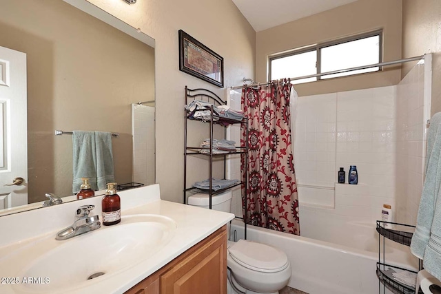 bathroom featuring toilet, shower / bath combination with curtain, and vanity