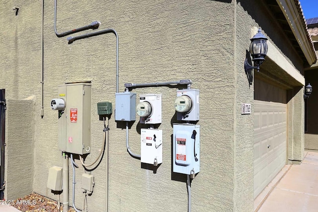 exterior details with electric meter and stucco siding