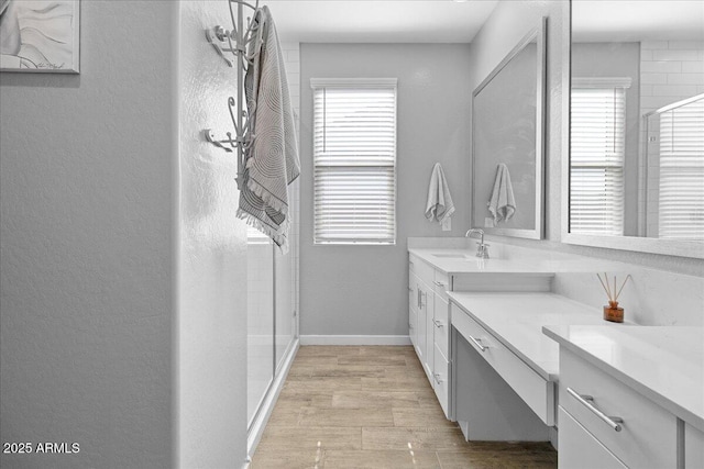 19447 W Mariposa Dr, Litchfield Park, AZ 85340 - bathroom featuring vanity, a shower with shower door, wood finished floors, and plenty of natural light