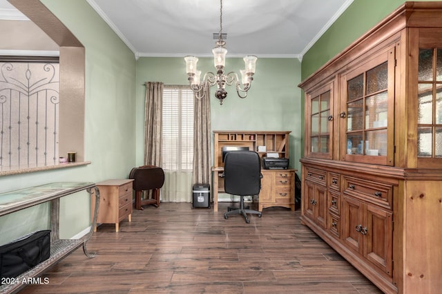 home office with dark hardwood / wood-style flooring, ornamental molding, and an inviting chandelier