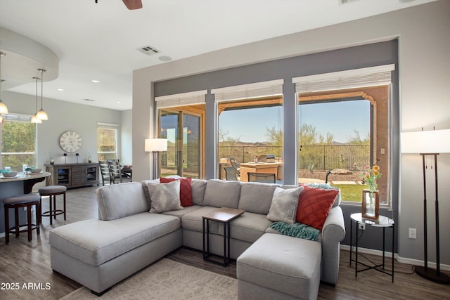 13072 W Alyssa Ln, Peoria, AZ 85383 - living room with wood finished floors, recessed lighting, a ceiling fan, and baseboards