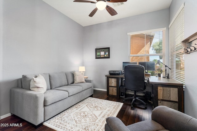 13072 W Alyssa Ln, Peoria, AZ 85383 - office space with ceiling fan, dark wood finished floors, and baseboards
