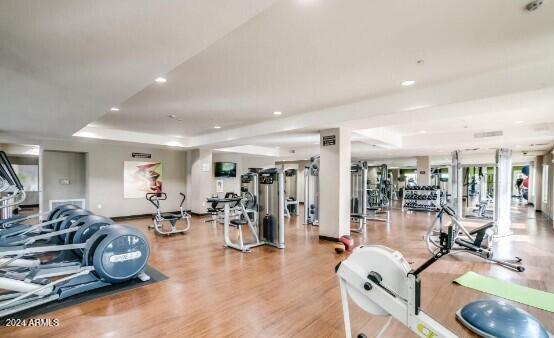 gym featuring wood-type flooring and a tray ceiling