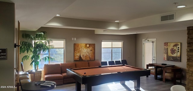 rec room featuring pool table, a healthy amount of sunlight, and wood-type flooring