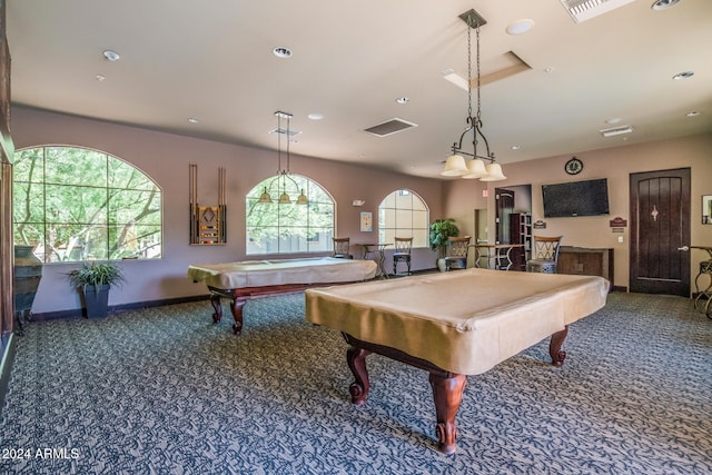 playroom with dark colored carpet, billiards, and a wealth of natural light