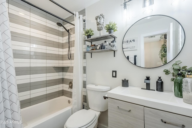 full bath featuring toilet, shower / bath combo, and vanity