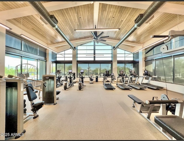 workout area with high vaulted ceiling and wooden ceiling