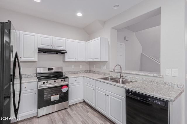 kitchen featuring white cabinets, sink, fridge, dishwasher, and stainless steel range