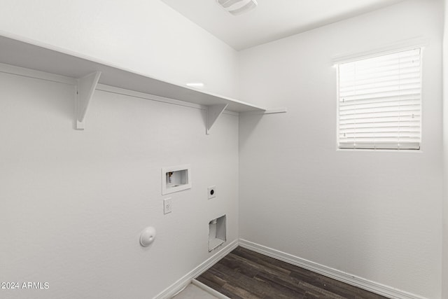 clothes washing area with hookup for a washing machine, hookup for a gas dryer, dark hardwood / wood-style floors, and electric dryer hookup