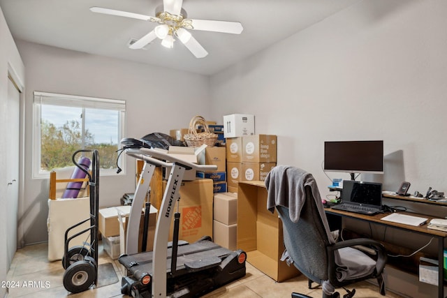 office area featuring ceiling fan and light tile patterned flooring