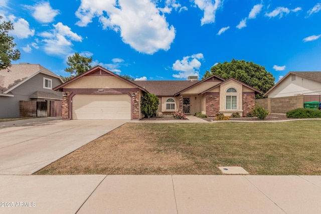 single story home with fence, an attached garage, brick siding, driveway, and a front lawn