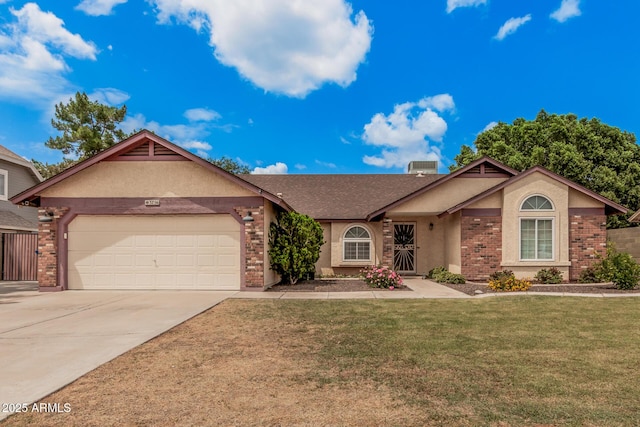 ranch-style home featuring concrete driveway, brick siding, an attached garage, and a front yard