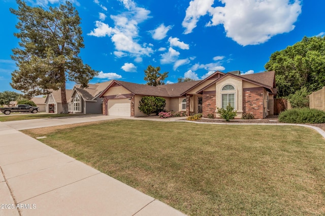 ranch-style home with a garage, stucco siding, fence, a front lawn, and driveway