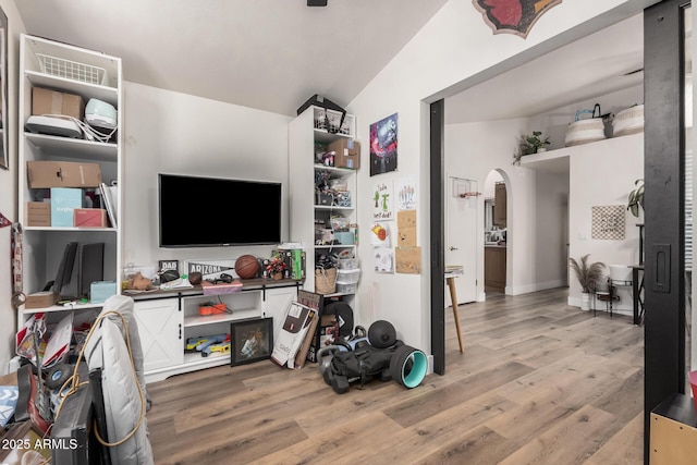 interior space featuring arched walkways, lofted ceiling, and wood finished floors