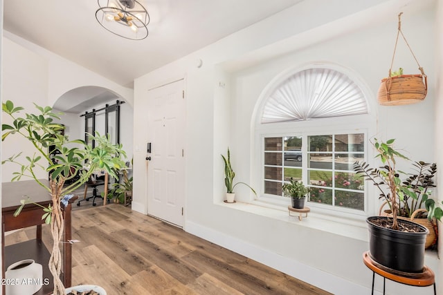 foyer entrance with a barn door, wood finished floors, baseboards, and a healthy amount of sunlight