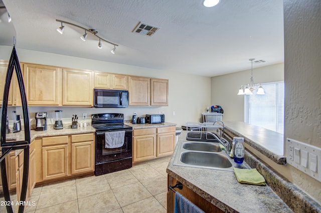 274 S 18th St, Coolidge, AZ 85128 - kitchen featuring sink, an inviting chandelier, pendant lighting, light tile patterned floors, and black appliances