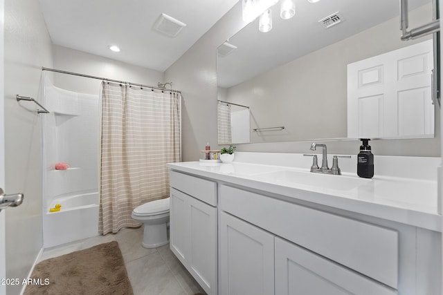 bathroom featuring visible vents, shower / tub combo, toilet, and vanity