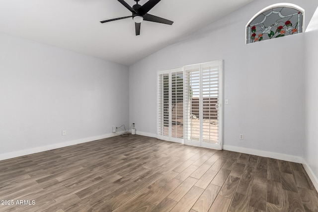 2015 E Glenhaven Dr, Phoenix, AZ 85048 - spare room featuring lofted ceiling, a ceiling fan, wood finished floors, and baseboards