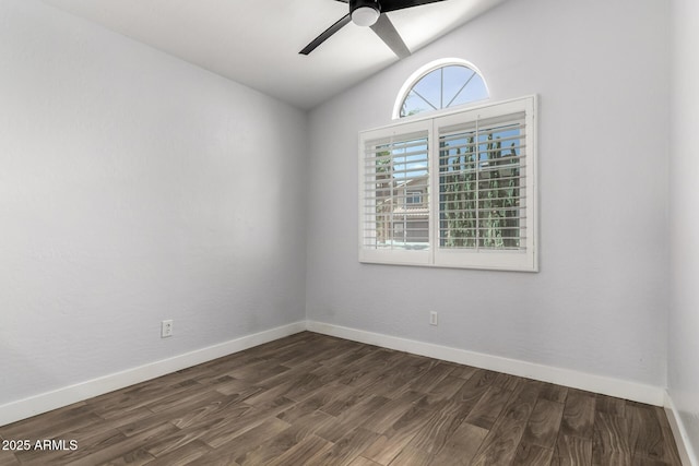 2015 E Glenhaven Dr, Phoenix, AZ 85048 - empty room featuring vaulted ceiling, a ceiling fan, dark wood-style flooring, and baseboards