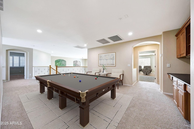 5726 W Park View Ln, Glendale, AZ 85310 - game room featuring arched walkways, light carpet, baseboards, recessed lighting, and billiards table