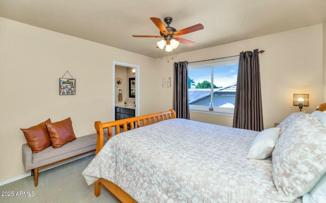 bedroom with ceiling fan and carpet