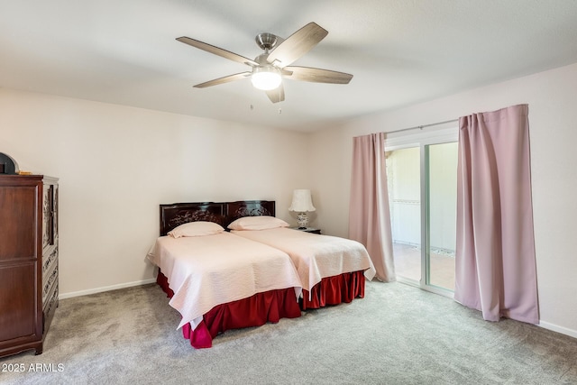 bedroom with baseboards, carpet flooring, a ceiling fan, and access to exterior