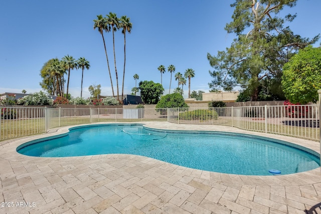 view of pool featuring a patio area, a fenced in pool, and fence