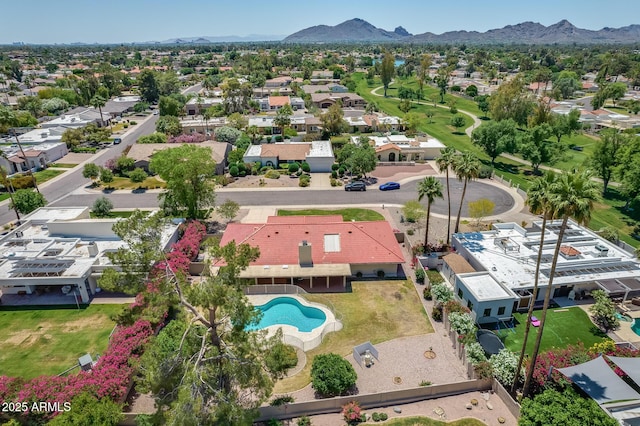 aerial view featuring a mountain view and a residential view
