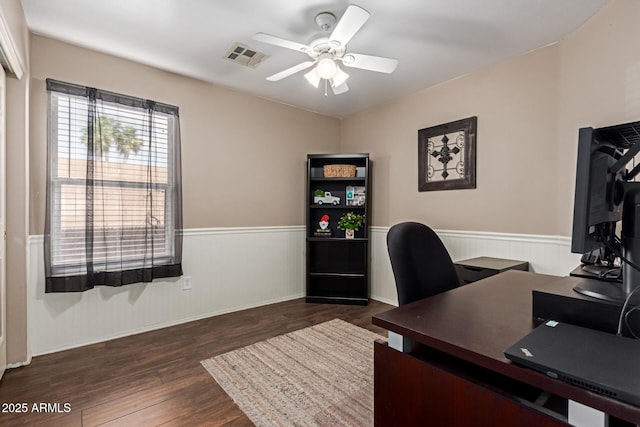 home office with a ceiling fan, dark wood finished floors, and wainscoting