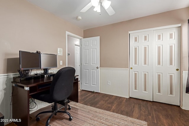 home office with ceiling fan, wood finished floors, and wainscoting