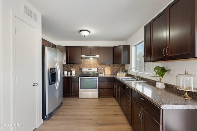 kitchen featuring dark brown cabinetry, sink, tasteful backsplash, appliances with stainless steel finishes, and light hardwood / wood-style floors