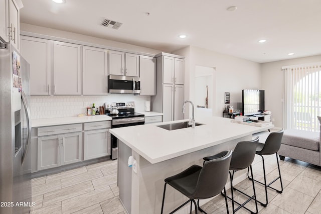 155 N Lakeview Blvd Unit 268, Chandler, AZ 85225 - kitchen with appliances with stainless steel finishes, a sink, gray cabinets, a breakfast bar, and backsplash