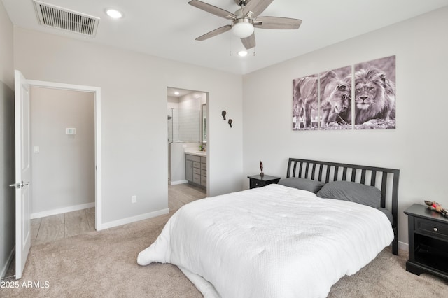155 N Lakeview Blvd Unit 268, Chandler, AZ 85225 - bedroom with carpet floors, baseboards, recessed lighting, connected bathroom, and ceiling fan