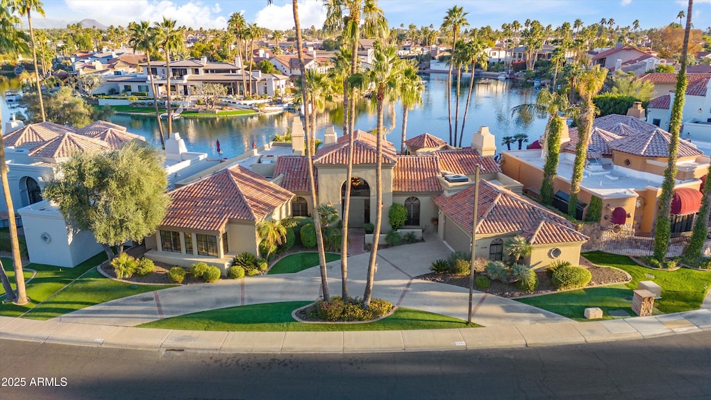 aerial view featuring a water view