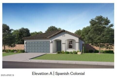 mediterranean / spanish home featuring a tiled roof, a garage, driveway, and a front yard