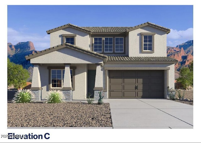 7333 W Buckhorn Trl, Peoria, AZ 85383 - view of front of property with a tile roof, concrete driveway, a mountain view, a garage, and stucco siding
