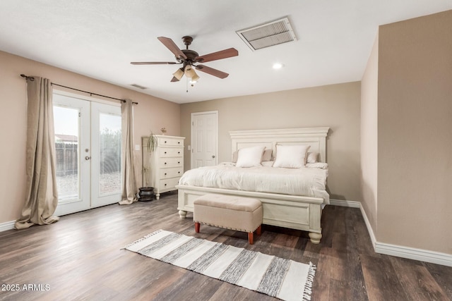 bedroom with dark wood-type flooring, ceiling fan, french doors, and access to outside