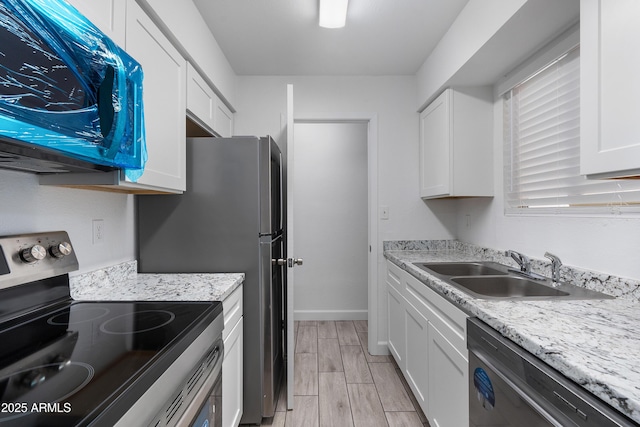 kitchen with white cabinets, dishwasher, stainless steel range with electric cooktop, wood finish floors, and a sink